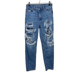 American Eagle Mom Jeans Womens 00S Blue High Rise Distressed Tapered Stretch